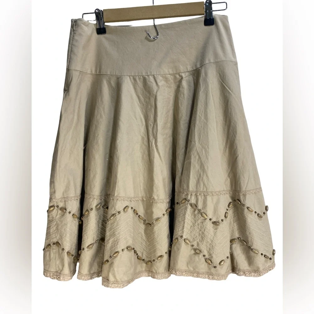 Nine West Boho‎ Flared Skirt Size 6 Cotton Lined Beaded A-Line - Picture 2 of 9